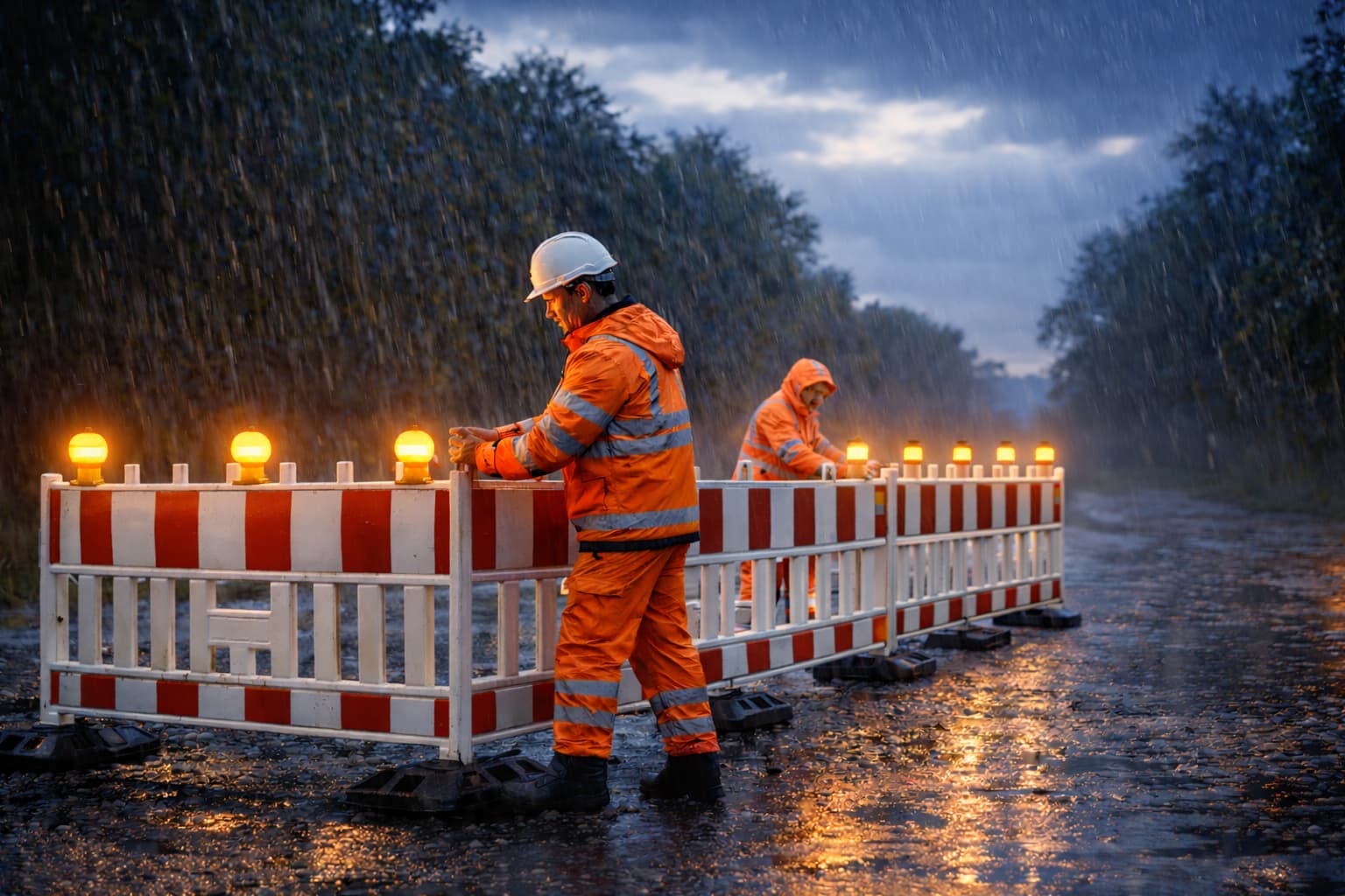 Verkehrssicherung bei Nacht und Regen mit beleuchteten Absperrgittern