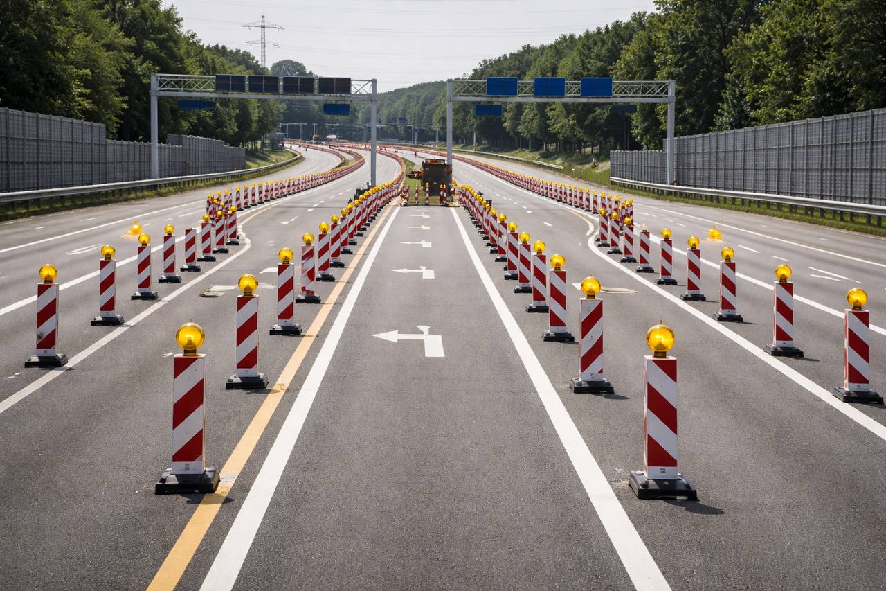 Verkehrssicherung auf einer leeren Straße mit Leitbaken und Absperrungen